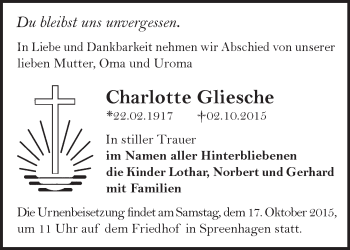 Traueranzeige von Carlotte Gliesche von Märkische Oderzeitung