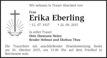 Traueranzeige von Erika Eberling von Märkische Oderzeitung