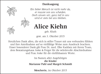 Traueranzeige von Alice Kiehn von Märkische Oderzeitung