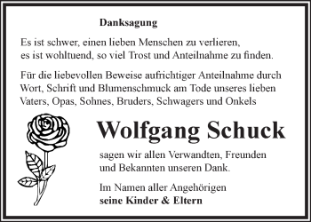 Traueranzeige von Wolfgang Schuck von Märkische Oderzeitung