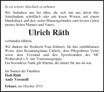 Traueranzeige von Ulrich Räth von Märkische Oderzeitung