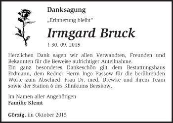 Traueranzeige von Irmgard Bruck von Märkische Oderzeitung