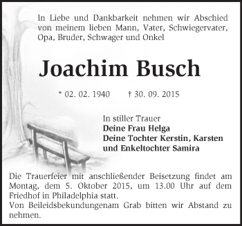 Traueranzeige von Joachim Busch von Märkische Oderzeitung