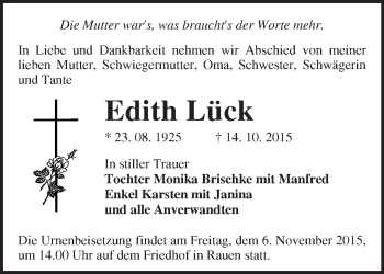 Traueranzeige von Edith Lück von Märkische Oderzeitung