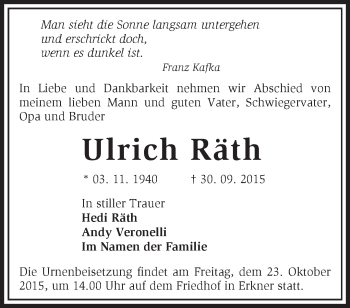 Traueranzeige von Ulrich Räth von Märkische Oderzeitung