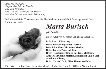 Traueranzeige von Marta Burisch von Märkische Oderzeitung