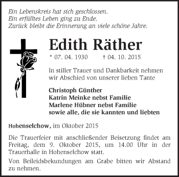 Traueranzeige von Edith Räther von Märkische Oderzeitung