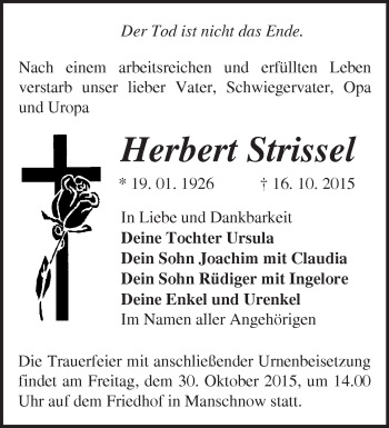 Traueranzeige von Herbert Strissel von Märkische Oderzeitung