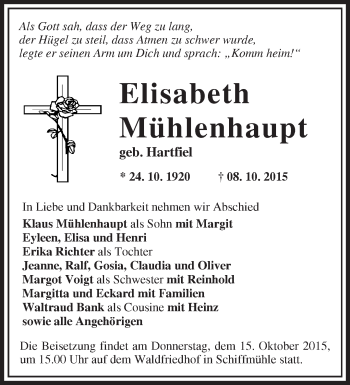 Traueranzeige von Elisabeth Mühlenhaupt von Märkische Oderzeitung