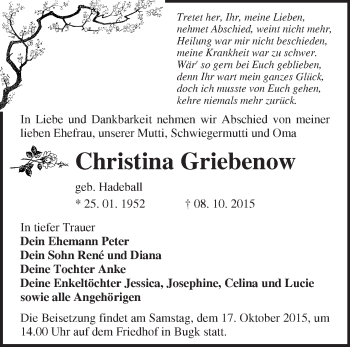 Traueranzeige von Christina Griebenow von Märkische Oderzeitung