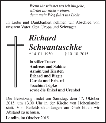 Traueranzeige von Richard Schwantuschke von Märkische Oderzeitung