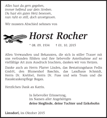 Traueranzeige von Horst Rocher von Märkische Oderzeitung