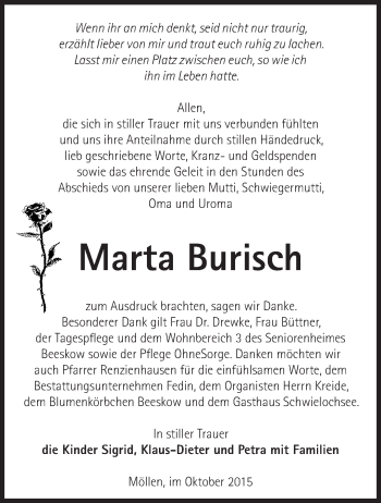 Traueranzeige von Marta Burisch von Märkische Oderzeitung