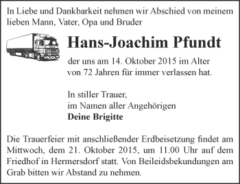 Traueranzeige von Hans-Joachim Pfundt von Märkische Oderzeitung