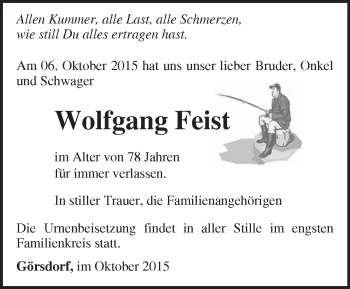 Traueranzeige von Wolfgang Feist von Märkische Oderzeitung