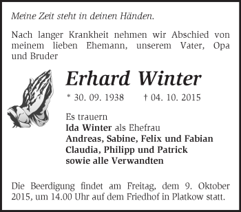 Traueranzeige von Erhard Winter von Märkische Oderzeitung