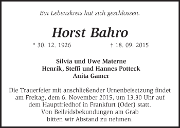 Traueranzeige von Horst Bahro von Märkische Oderzeitung