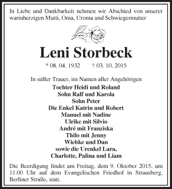 Traueranzeige von Leni Storbeck von Märkische Oderzeitung