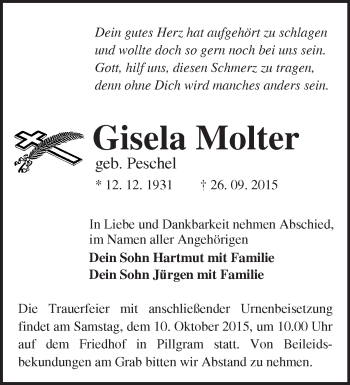 Traueranzeige von Gisela Molter von Märkische Oderzeitung