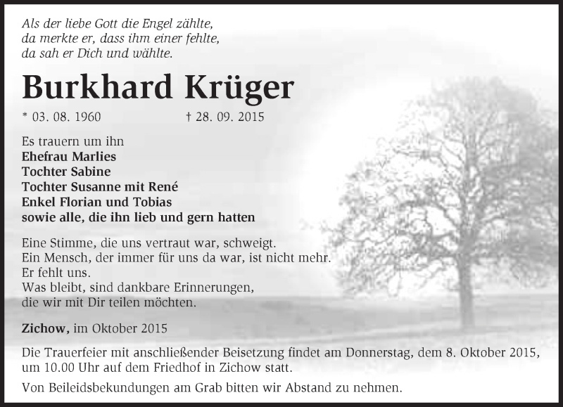  Traueranzeige für Burkhard Krüger vom 06.10.2015 aus Märkische Oderzeitung