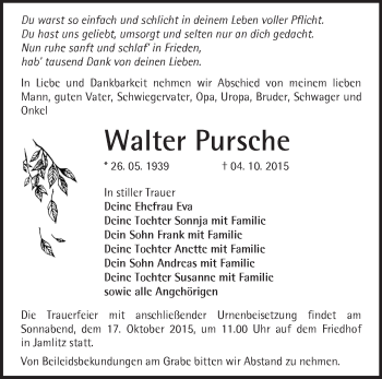 Traueranzeige von Walter Pursche von Märkische Oderzeitung