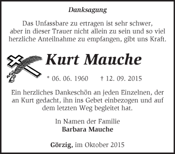 Traueranzeige von Kurt Mauche von Märkische Oderzeitung