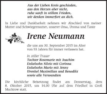 Traueranzeige von Irene Neumann von Märkische Oderzeitung