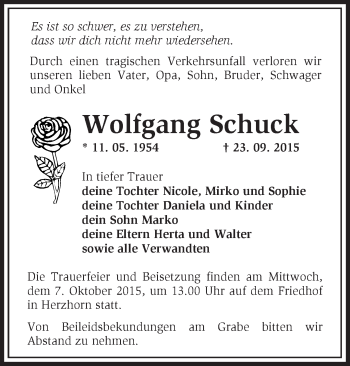 Traueranzeige von Wolfgang Schuck von Märkische Oderzeitung