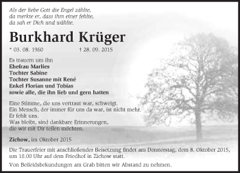 Traueranzeige von Burkhard Krüger von Märkische Oderzeitung