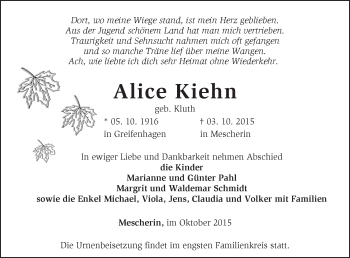 Traueranzeige von Alice Kiehn von Märkische Oderzeitung