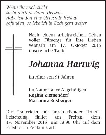 Traueranzeige von Johanna Hartwig von Märkische Oderzeitung