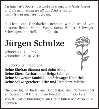 Traueranzeige von Jürgen Schulze von Märkische Oderzeitung