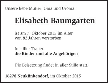 Traueranzeige von Elisabeth Baumgarten von Märkische Oderzeitung