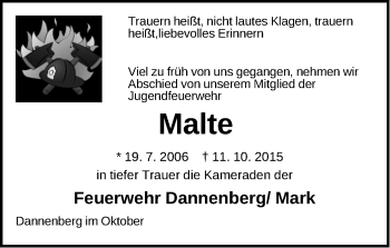 Traueranzeige von Malte  von Märkische Oderzeitung