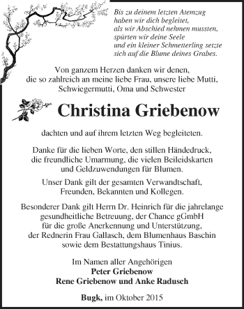 Traueranzeige von Christina Griebenow von Märkische Oderzeitung