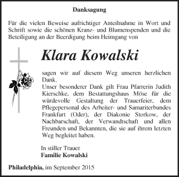 Traueranzeige von Klara Kowalski von Märkische Oderzeitung