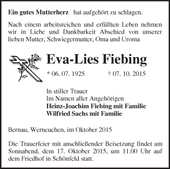 Traueranzeige von Eva-Lies Fiebing von Märkische Oderzeitung