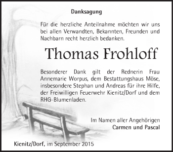 Traueranzeige von Thomas Frohloff von Märkische Oderzeitung