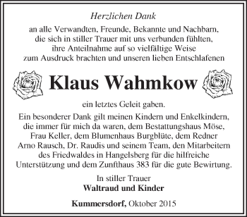 Traueranzeige von Klaus Wahmkow von Märkische Oderzeitung