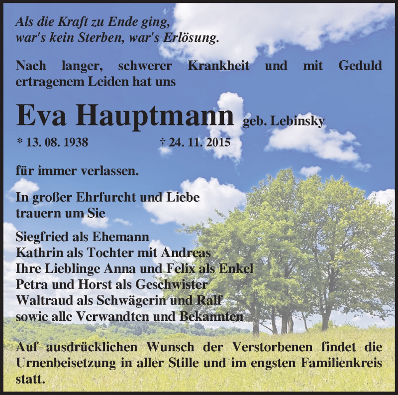  Traueranzeige für Eva Hauptmann vom 28.11.2015 aus Märkische Oderzeitung