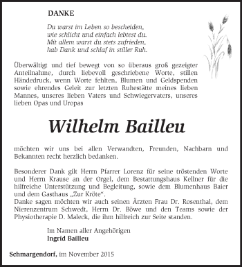 Traueranzeige von Wilhelm Bailleu von Märkische Oderzeitung