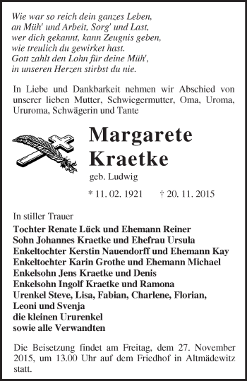 Traueranzeige von Margarete Kraetke von Märkische Oderzeitung