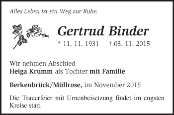 Traueranzeige von Gertrud Binder von Märkische Oderzeitung