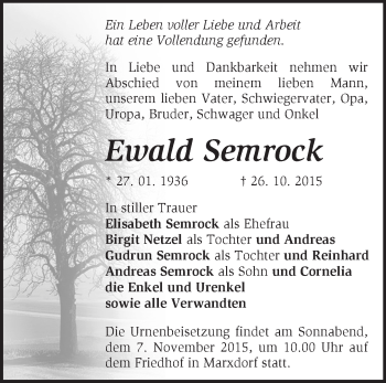 Traueranzeige von Ewald Semrock von Märkische Oderzeitung