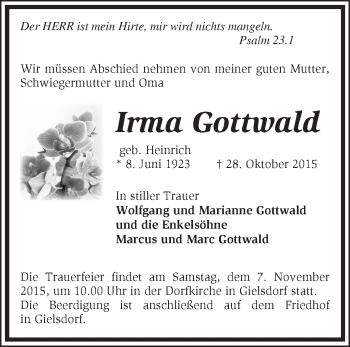 Traueranzeige von Irma Gottwald von Märkische Oderzeitung