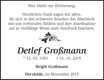 Traueranzeige von Detlef Großmann von Märkische Oderzeitung