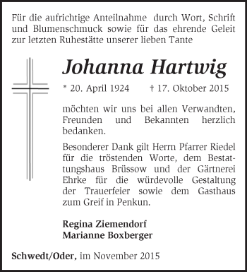 Traueranzeige von Johanna Hartwig von Märkische Oderzeitung