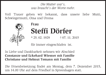 Traueranzeige von Steffi Dörfer von Märkische Oderzeitung