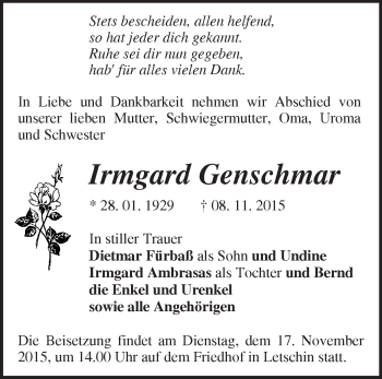 Traueranzeige von Irmgard Genschmar von Märkische Oderzeitung