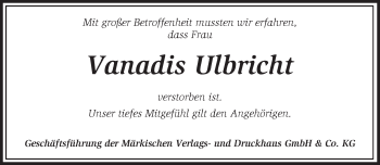 Traueranzeige von Vanadis Ulbricht von Märkische Oderzeitung